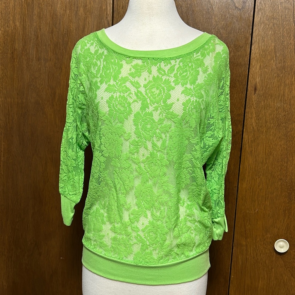 Fluorescent green see through floral blouse size xl